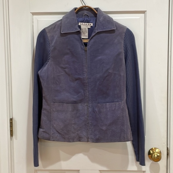 A.M.I || Genuine Leather Jacket with Knit Sleeves and Zipper Front; Size S - Picture 8 of 8